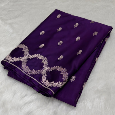 Dark Purple Scallop Floral Booti Mashru Silk Saree
