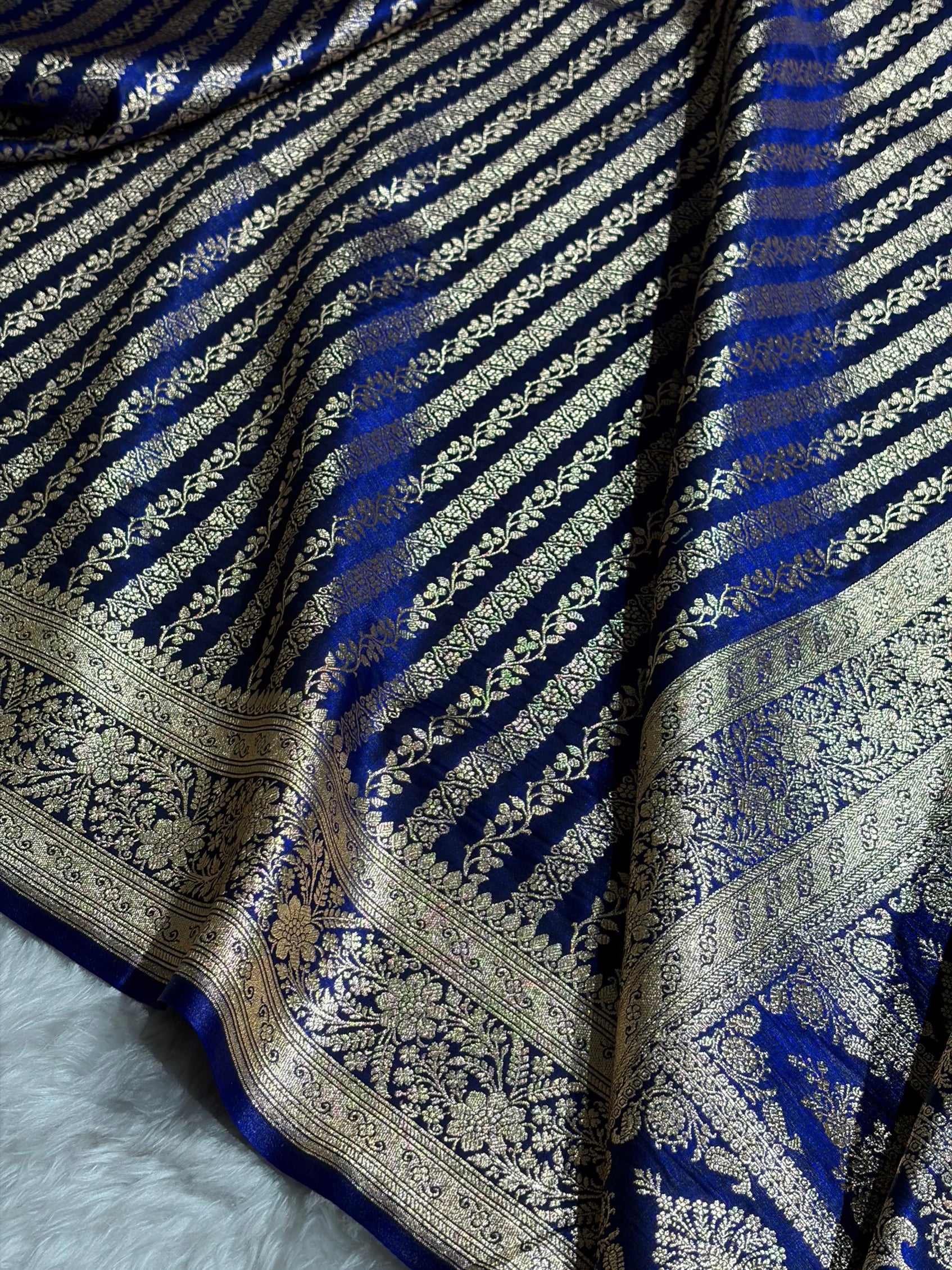 Royal Blue Shades Stripe Pattern Banarasi Satin Silk Saree SS46