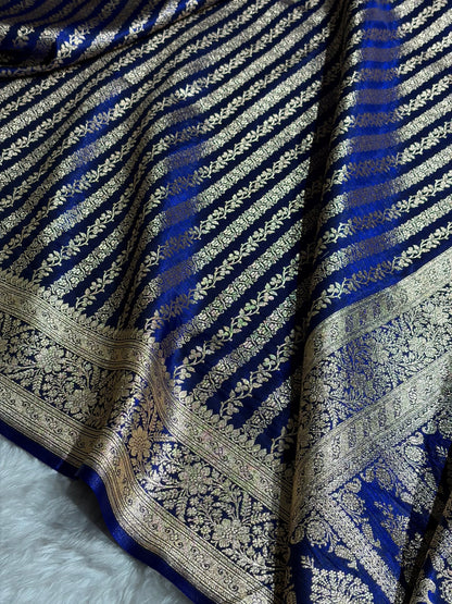 Royal Blue Shades Stripe Pattern Banarasi Satin Silk Saree SS46