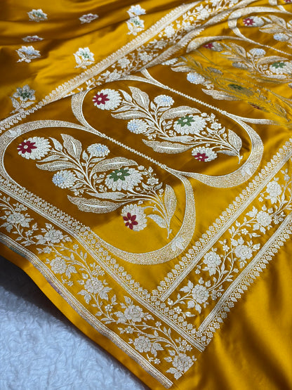 Premium Banarasi Satin Katan Saree With Minakari Boota in Mustard Shades SK112