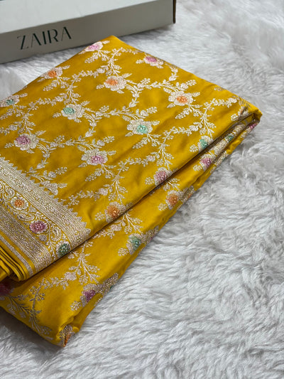 Yellow Shades Banarasi Minakari Floral Jaal Mashru Silk Saree MCS28