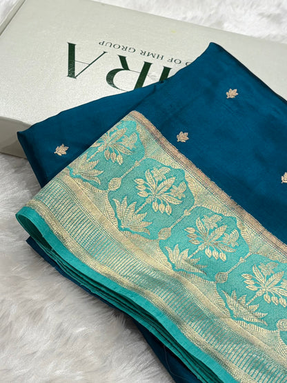 Banarasi German Blue With Sea Green Contrast Shades Handwoven Pure Paper Silk Saree RM-89