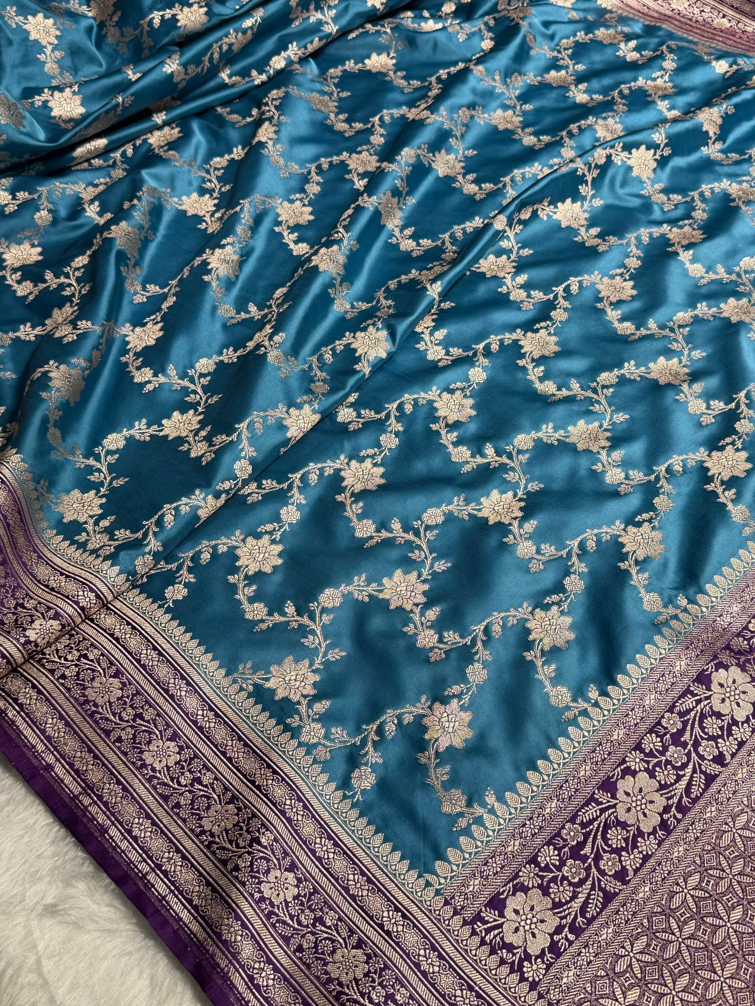 Banarasi Contrast Firozi With Purple Shades Floral Jaal Mashru Silk Saree MS07