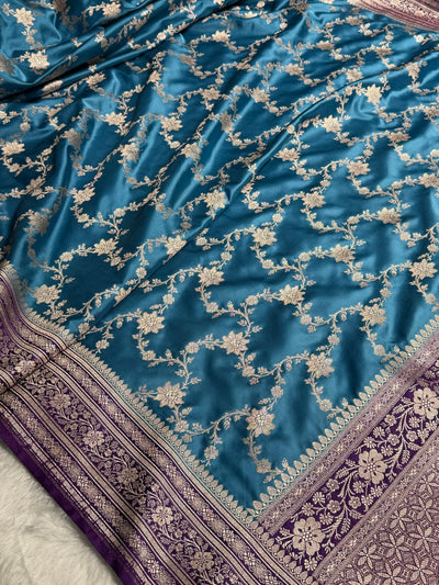 Banarasi Contrast Firozi With Purple Shades Floral Jaal Mashru Silk Saree MCS07