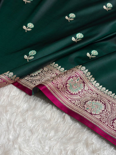 Dark Bottle Green / Rani Shades Banarasi Booti Pattern Mashru Silk Saree MSM-137