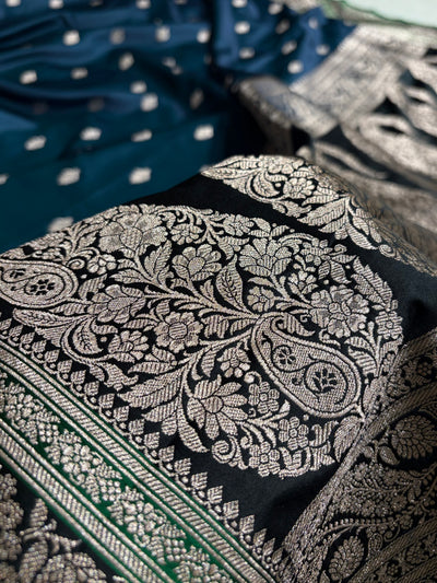 Banarasi Peacock With Contrast Black Floral Border Mashru Silk Saree MSM-101