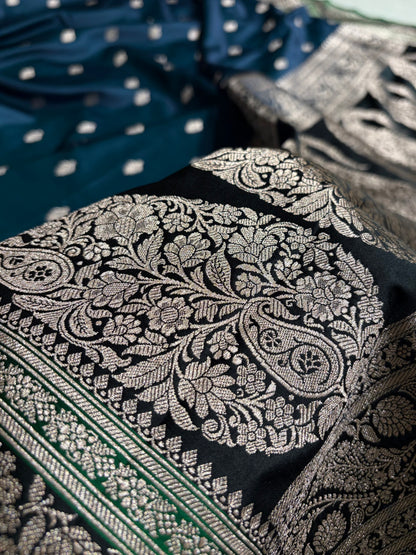 Banarasi Peacock With Contrast Black Floral Border Mashru Silk Saree MSM-101
