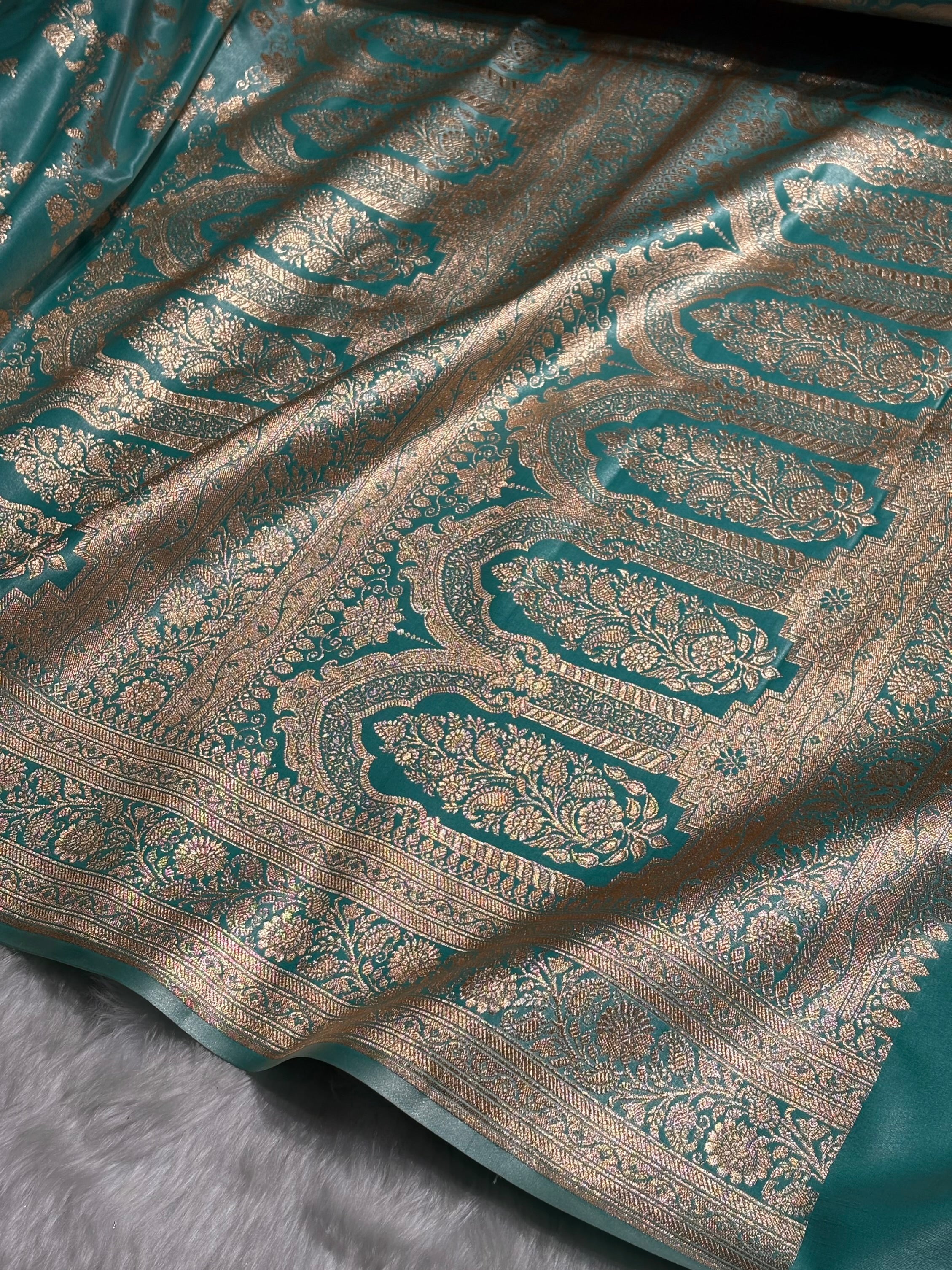 Sea Blue Shades Banarasi  Cross Jaal Satin Silk Saree SS11