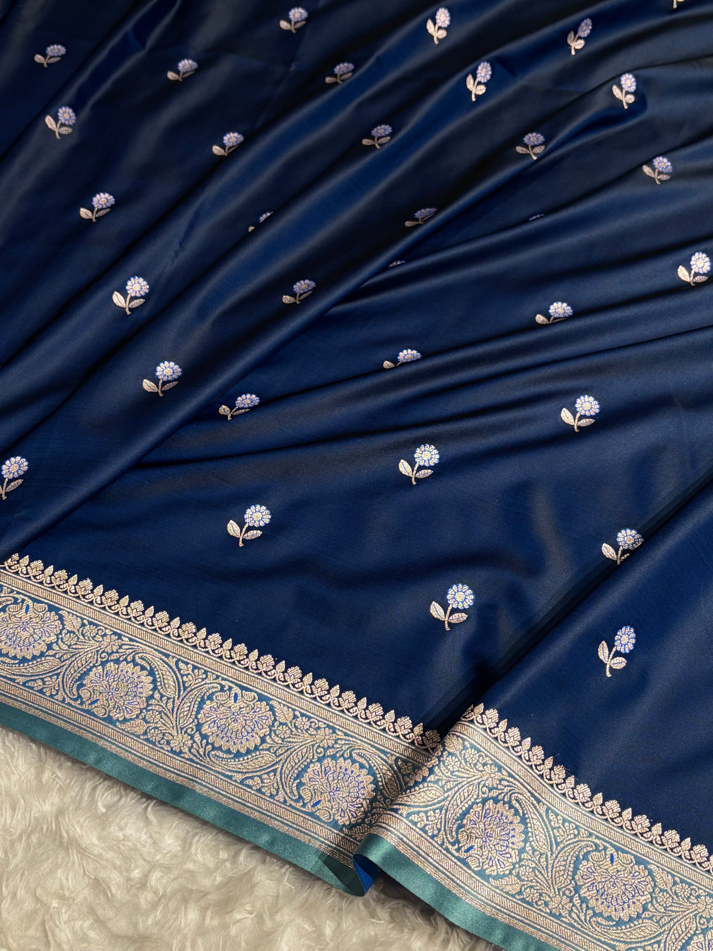German Blue / Sky Blue Shades Banarasi Booti Pattern Mashru Silk Saree MSM-137