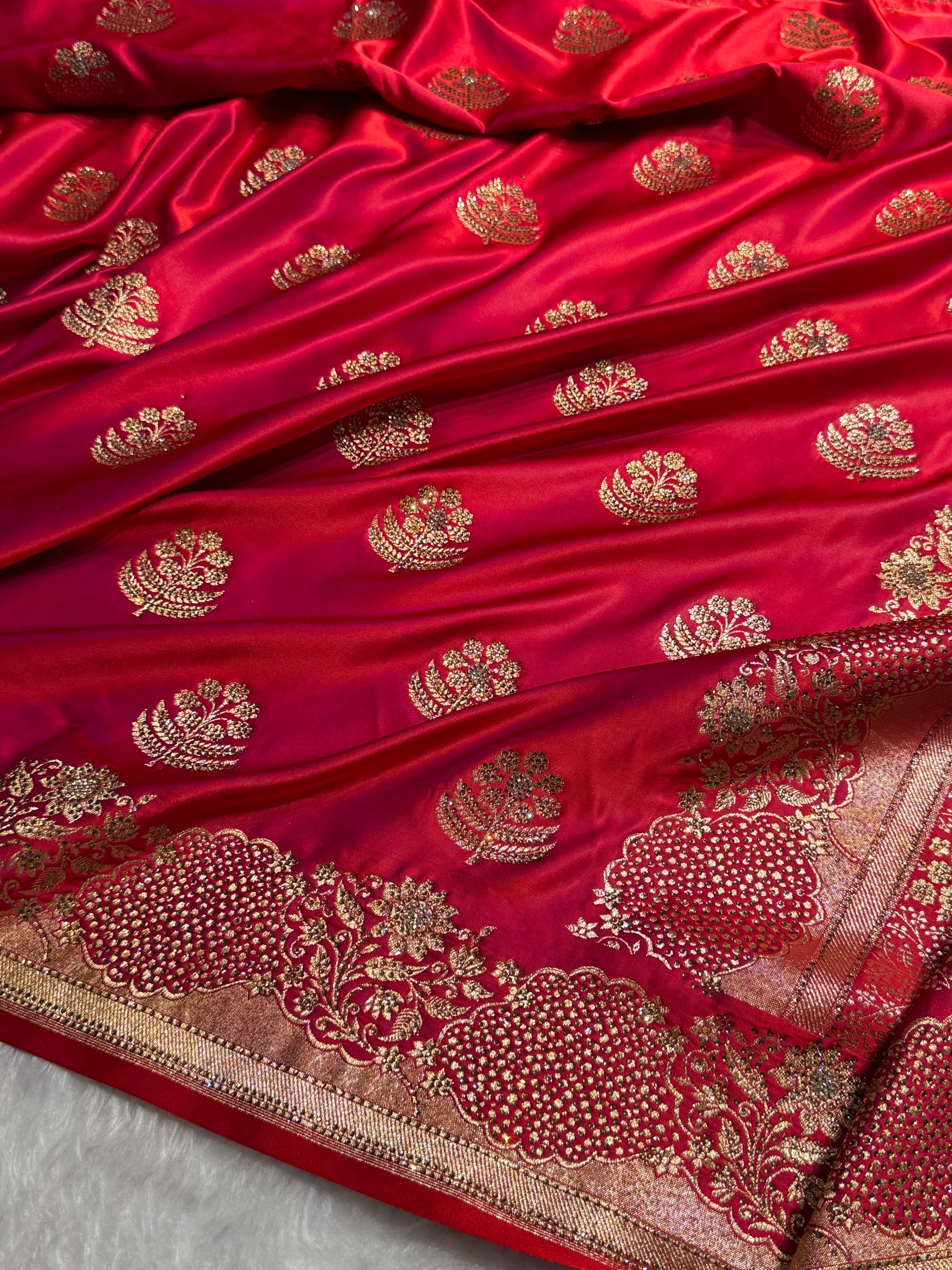 Banarasi Reddish Magenta Unique Boota Pattern With Swarovski Stone Work Satin Katan Silk Saree BSK70
