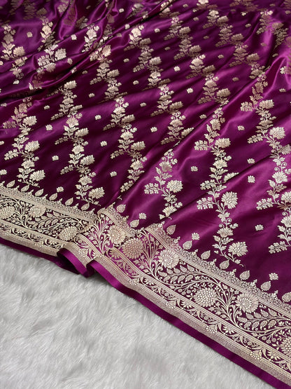 Magenta Cross & Booti Banarasi Katan Silk Saree SK24