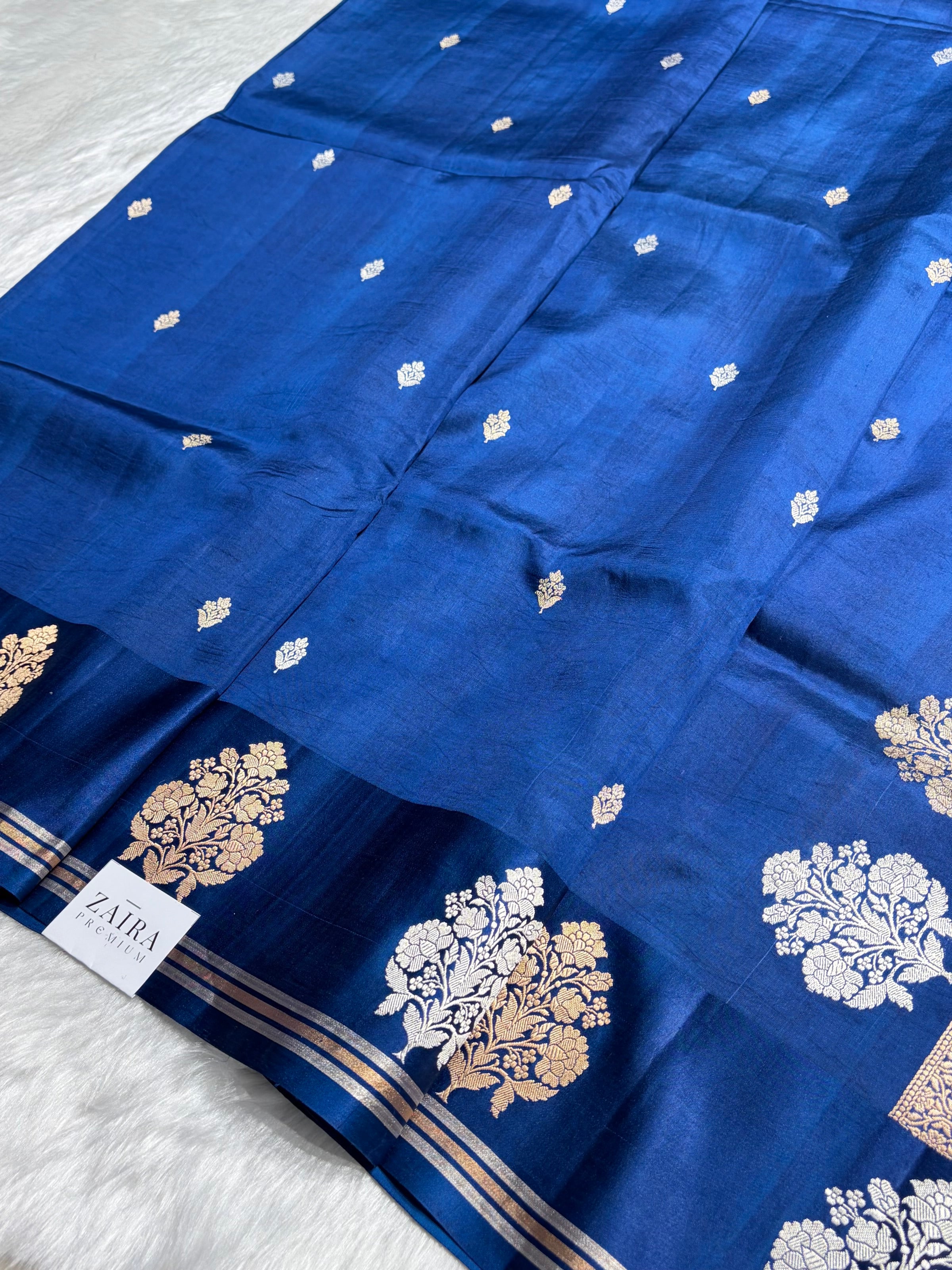Royal Blue Shades Meena Boota Handwoven Pure Katan Raw Mango Silk RM-01