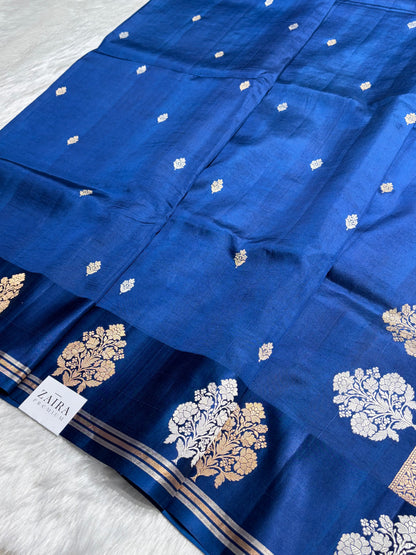 Royal Blue Shades Meena Boota Handwoven Pure Katan Raw Mango Silk RM-01
