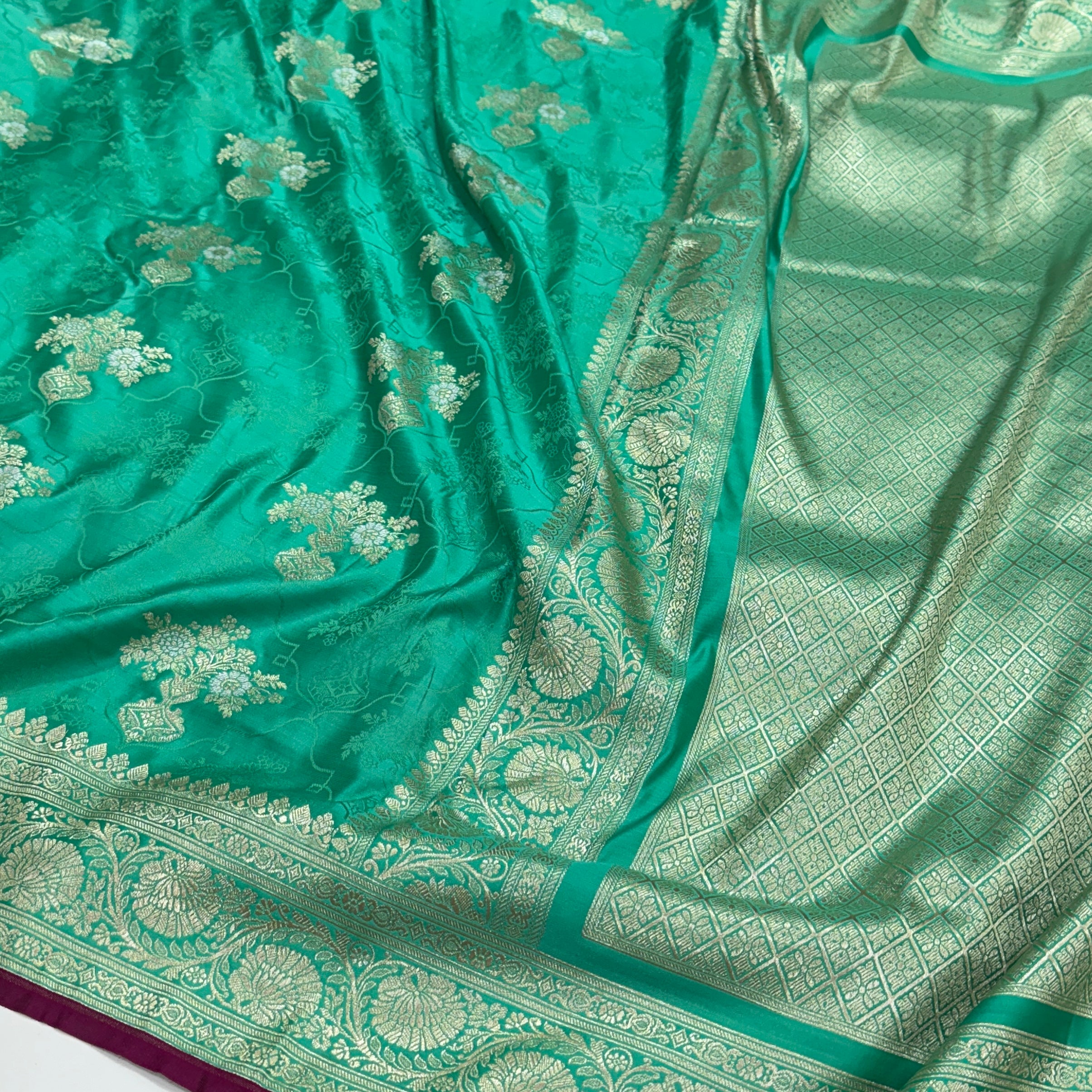 Sea green Tanchoi Minakari Mashru Silk Saree