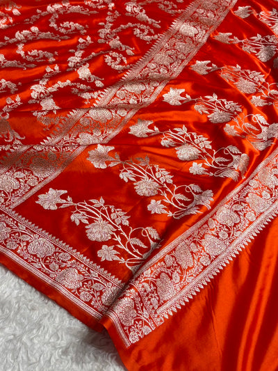 Banarasi Floral Jaal Pattern in Red Shades Floral Mashru Silk Saree MCS104