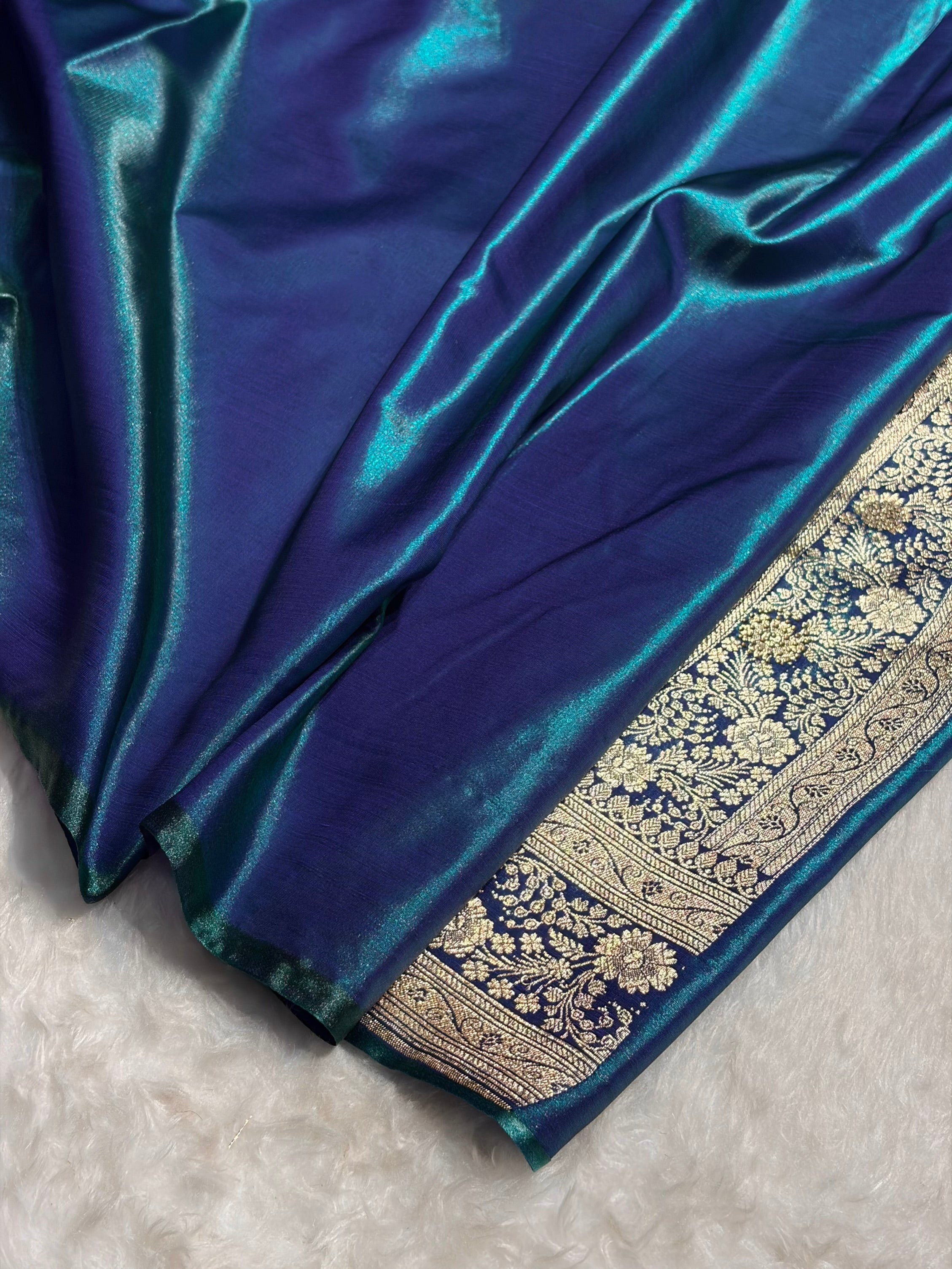 Peacock Shades Banarsi Satin Silk Boota with Stone Work