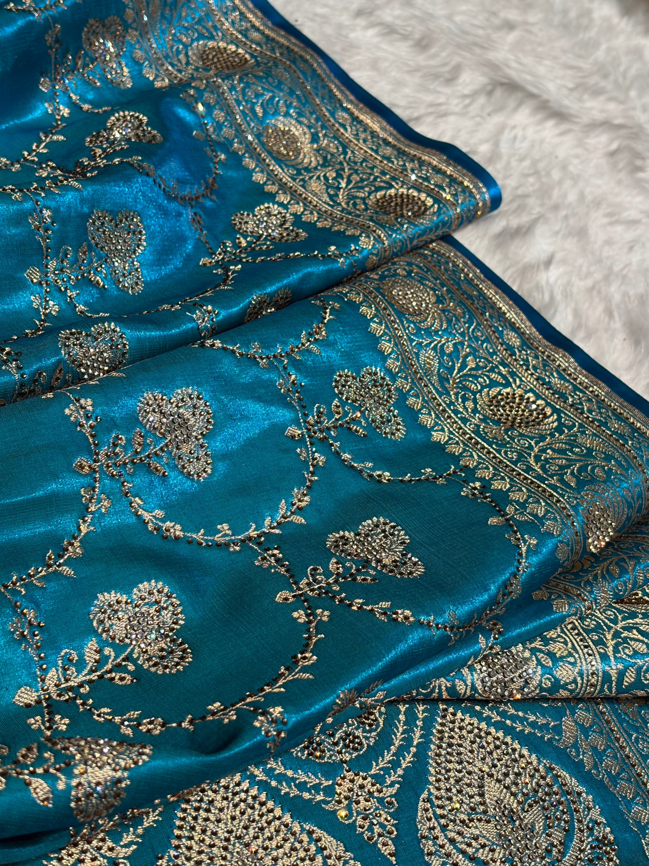 Satin Silk Saree Banarasi Swarovski Work Jaal in Firozi Shades BSS23 (R)