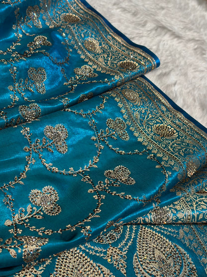 Satin Silk Saree Banarasi Swarovski Work Jaal in Firozi Shades BSS23 (R)