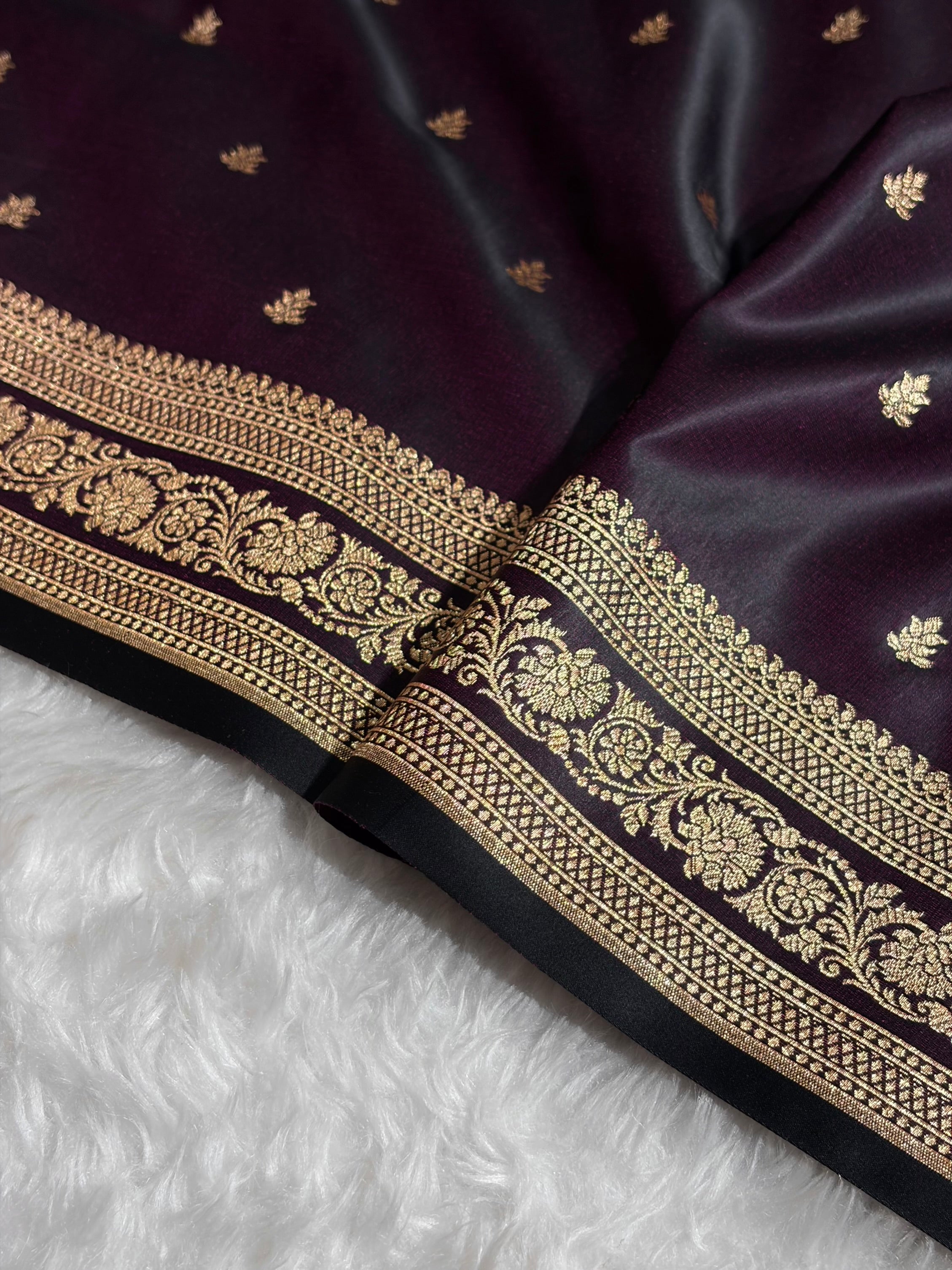Banarasi Satin Katan Saree With Booti Pattern in Dark Wine Shades SK125