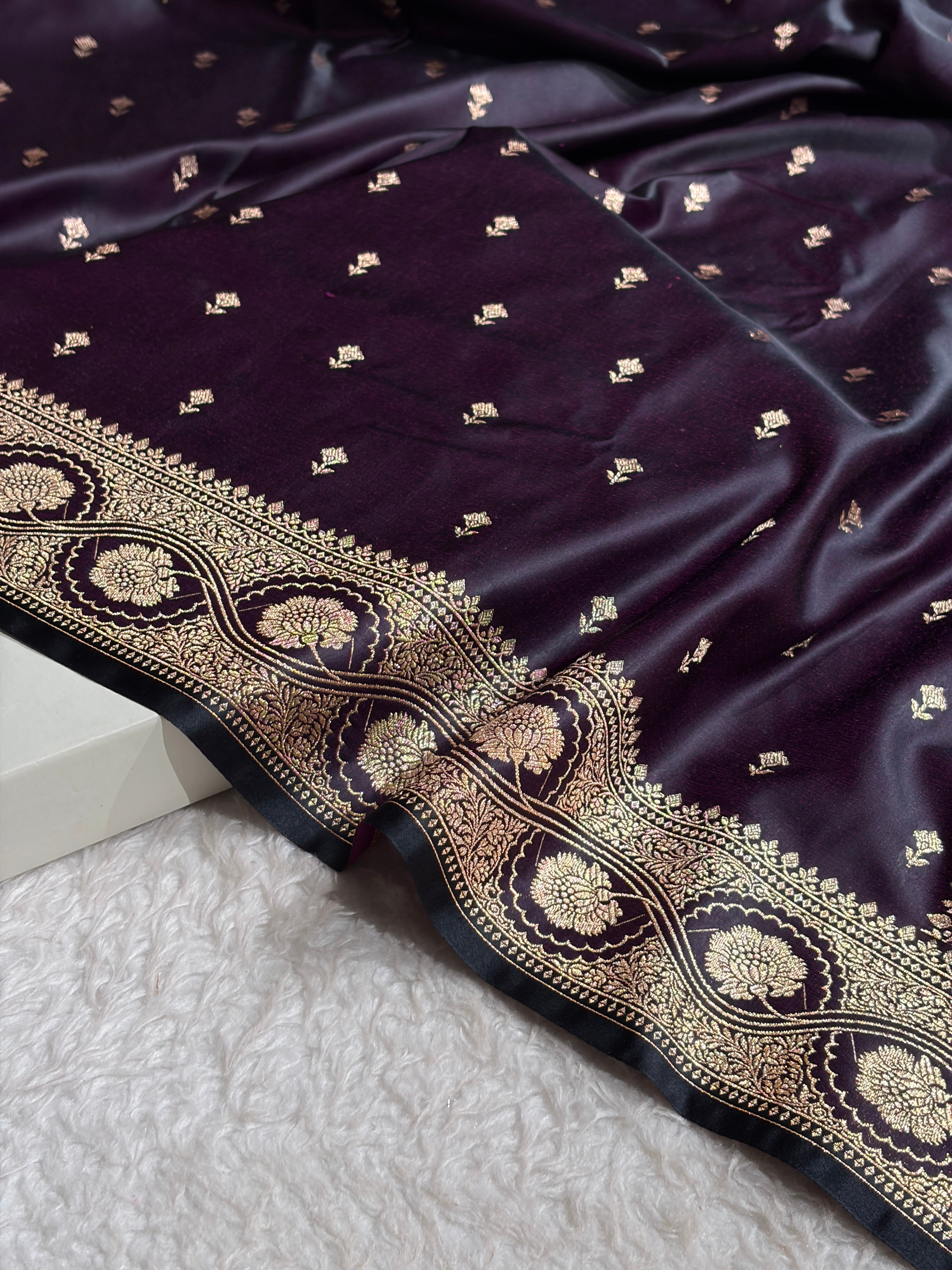 Dark Wine Booti Pattern Satin Katan Silk Saree SK54