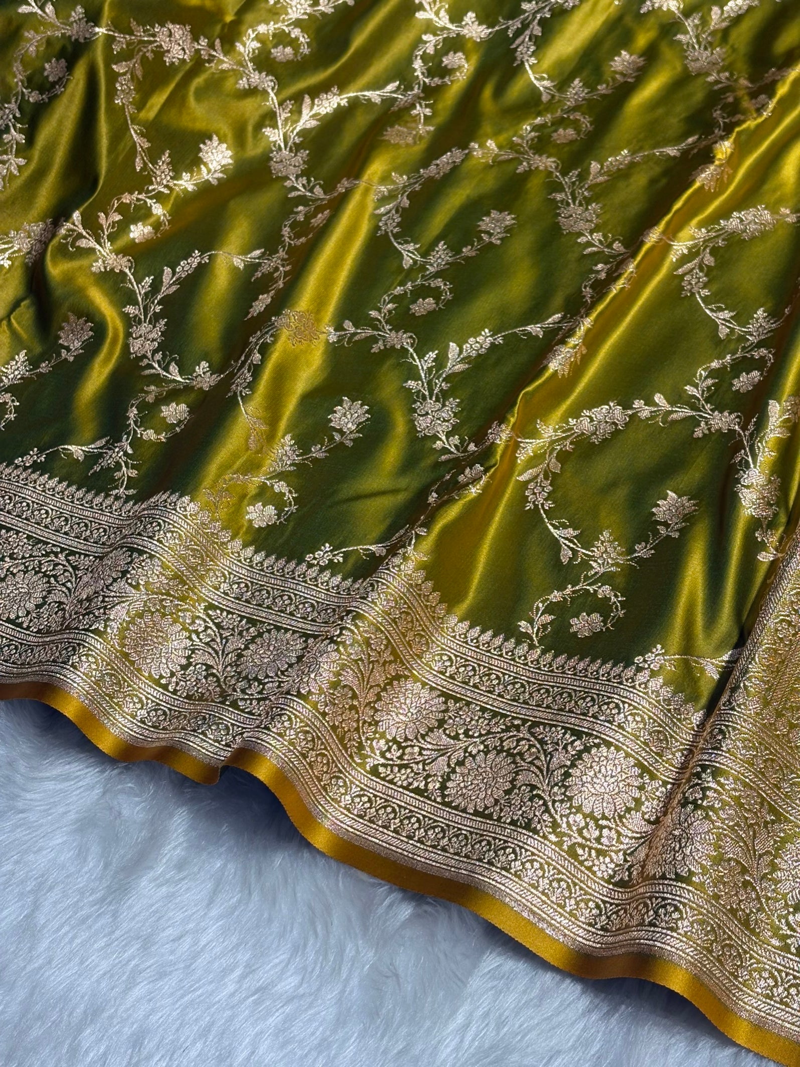 Liril Green Floral Jaal Pattern Satin Katan Silk saree SK60