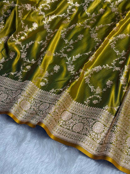 Liril Green Floral Jaal Pattern Satin Katan Silk saree SK60