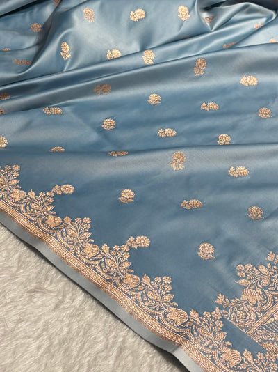 Banarasi Satin Katan Saree With Boota in Sky Blue Shades SK113