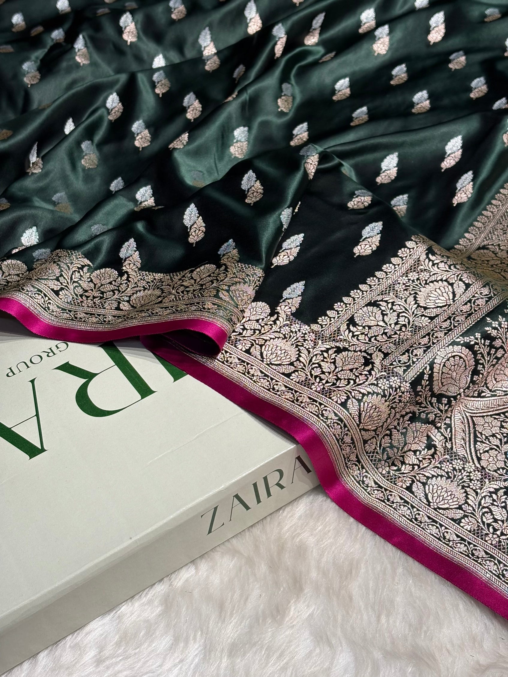 Dark Bottle Green Shades Floral Booti Mashru Silk Saree MSM-69