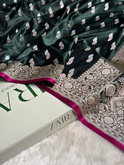 Dark Bottle Green Shades Floral Booti Mashru Silk Saree MSM-69