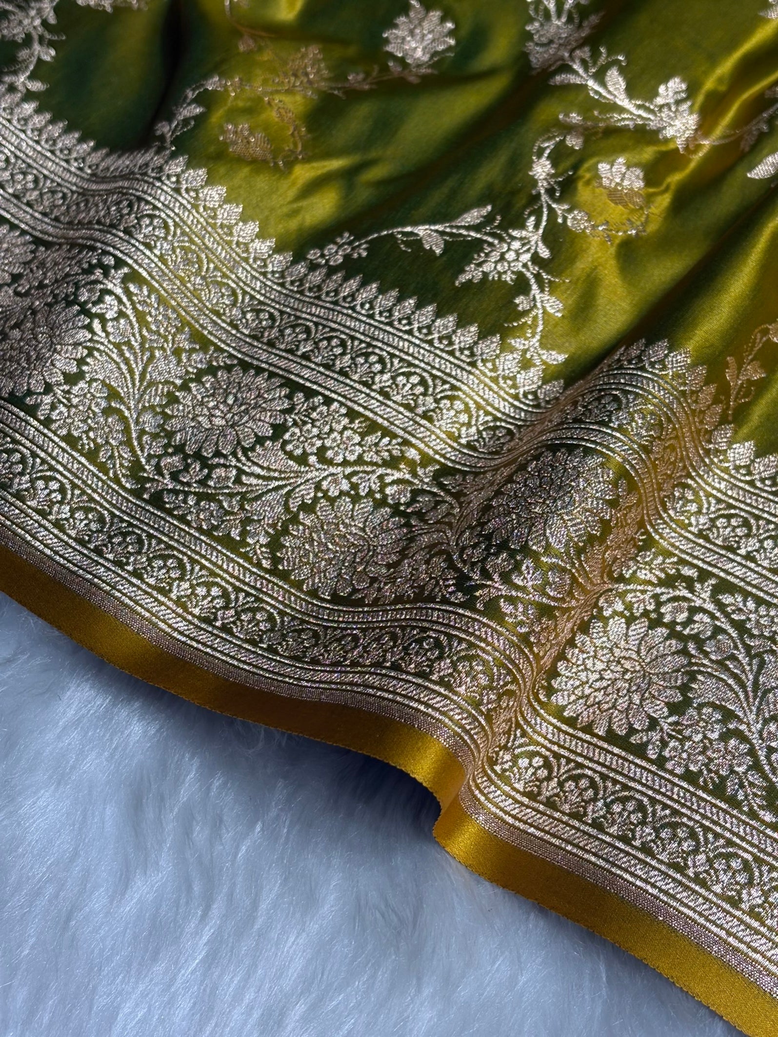 Liril Green Floral Jaal Pattern Satin Katan Silk saree SK60