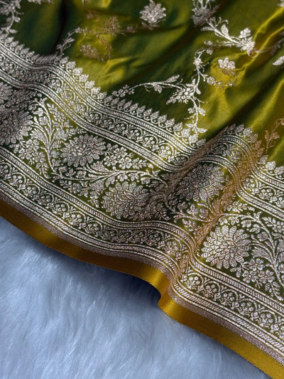 Liril Green Floral Jaal Pattern Satin Katan Silk saree SKM40