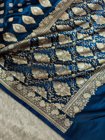 Banarasi German Blue Shades Minakari Booti Pattern Banarasi Satin Silk Saree SS60