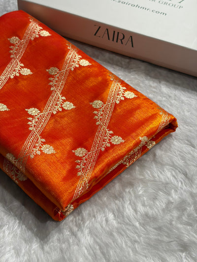 Fire Gold Shades Cross Pattern Banarasi Satin Silk Saree SS50