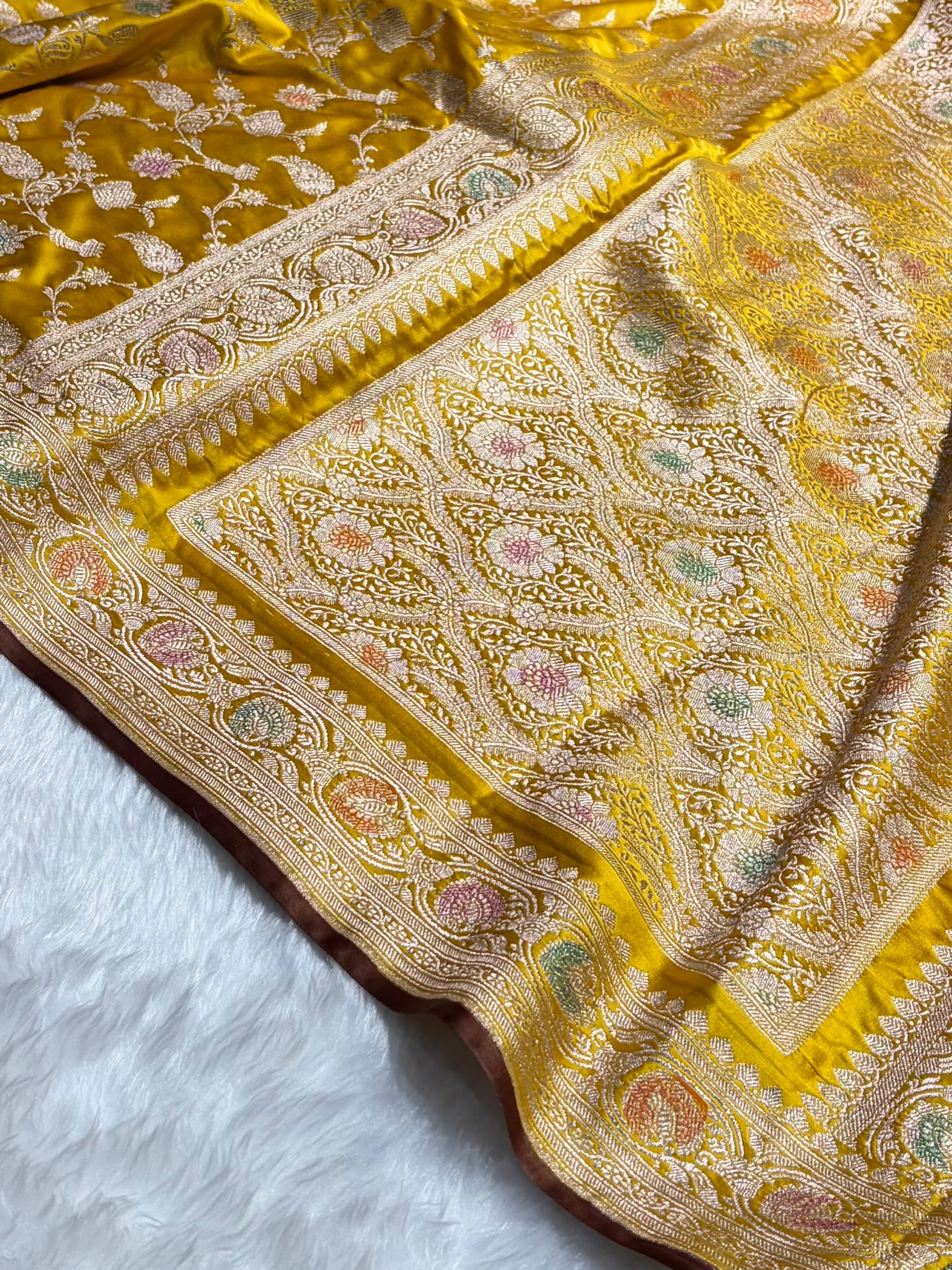 Mustard Yellow Shades In Banarasi Minakari Jaal Mashru Silk Saree MS42