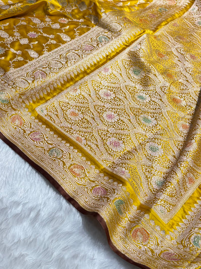Mustard Yellow Shades In Banarasi Minakari Jaal Mashru Silk Saree MCS42