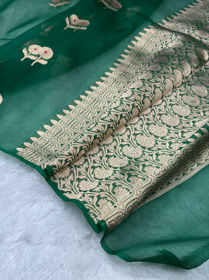 Pure Banarasi Organza Bottle Green Shades With Minakari Floral Banarasi Silk Saree PO-26