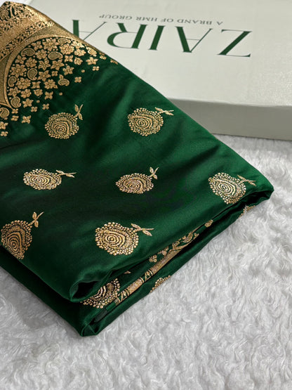 Banarasi Satin Katan Saree With Boota in Bottle Green Shades SK111