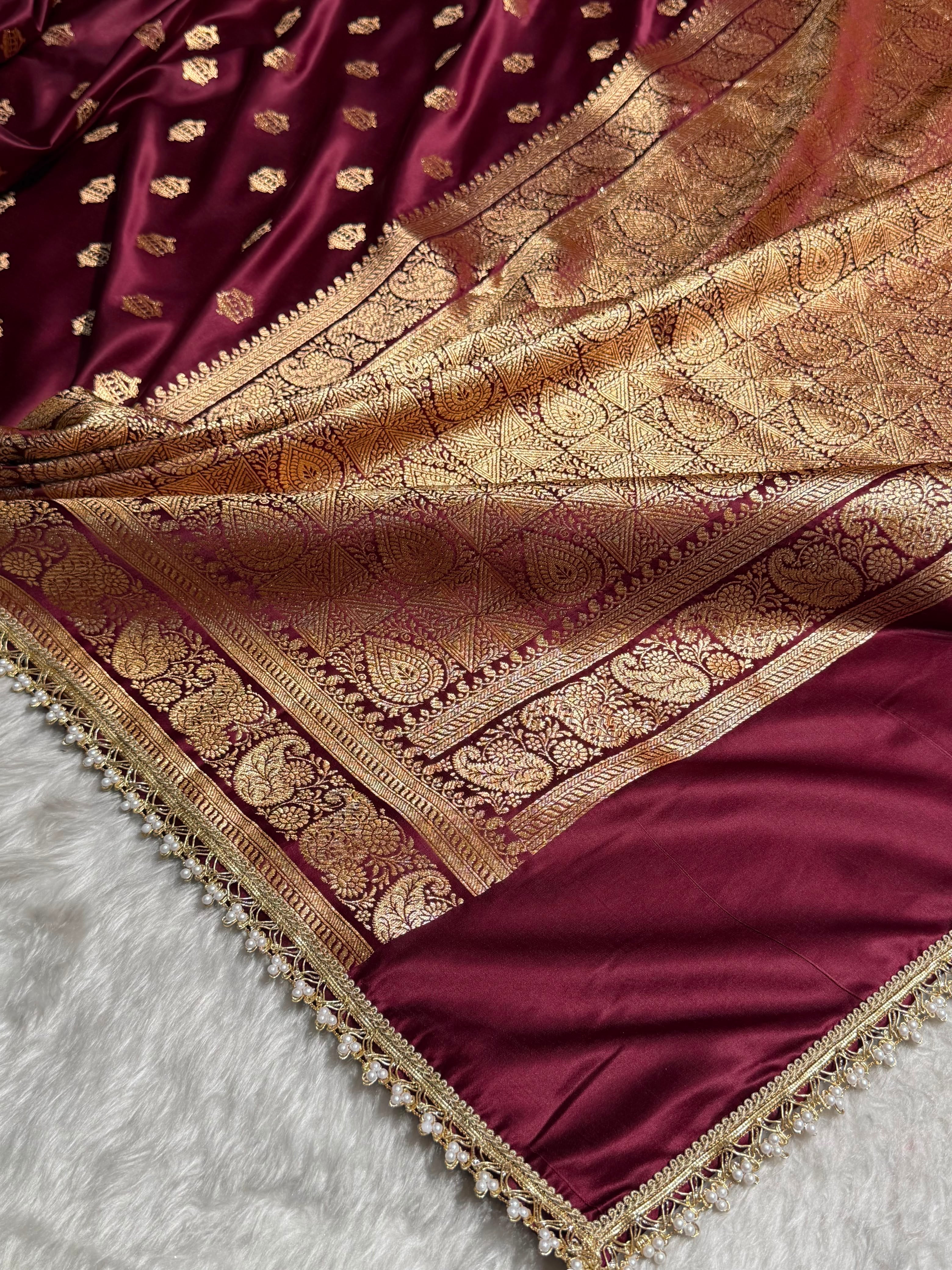 Banarasi Satin Katan Saree Booti Pattern With Gotta Patti in Chocolate Shades SKGP137