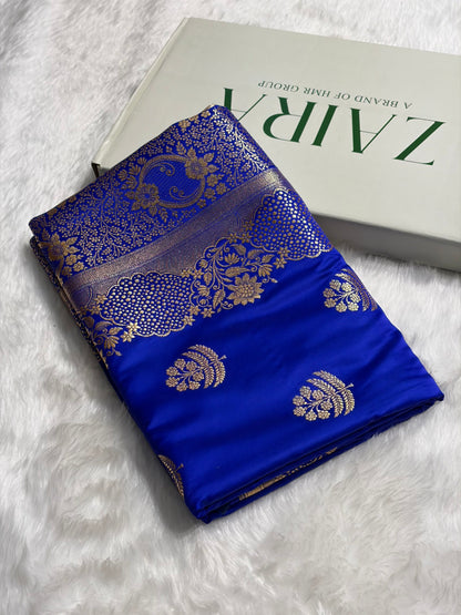 Royal Blue Unique Boota Pattern Satin Katan Silk Saree SK70