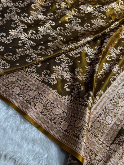 Mehndi Shades Jaal Pattern Banarasi Satin Silk Saree SS49