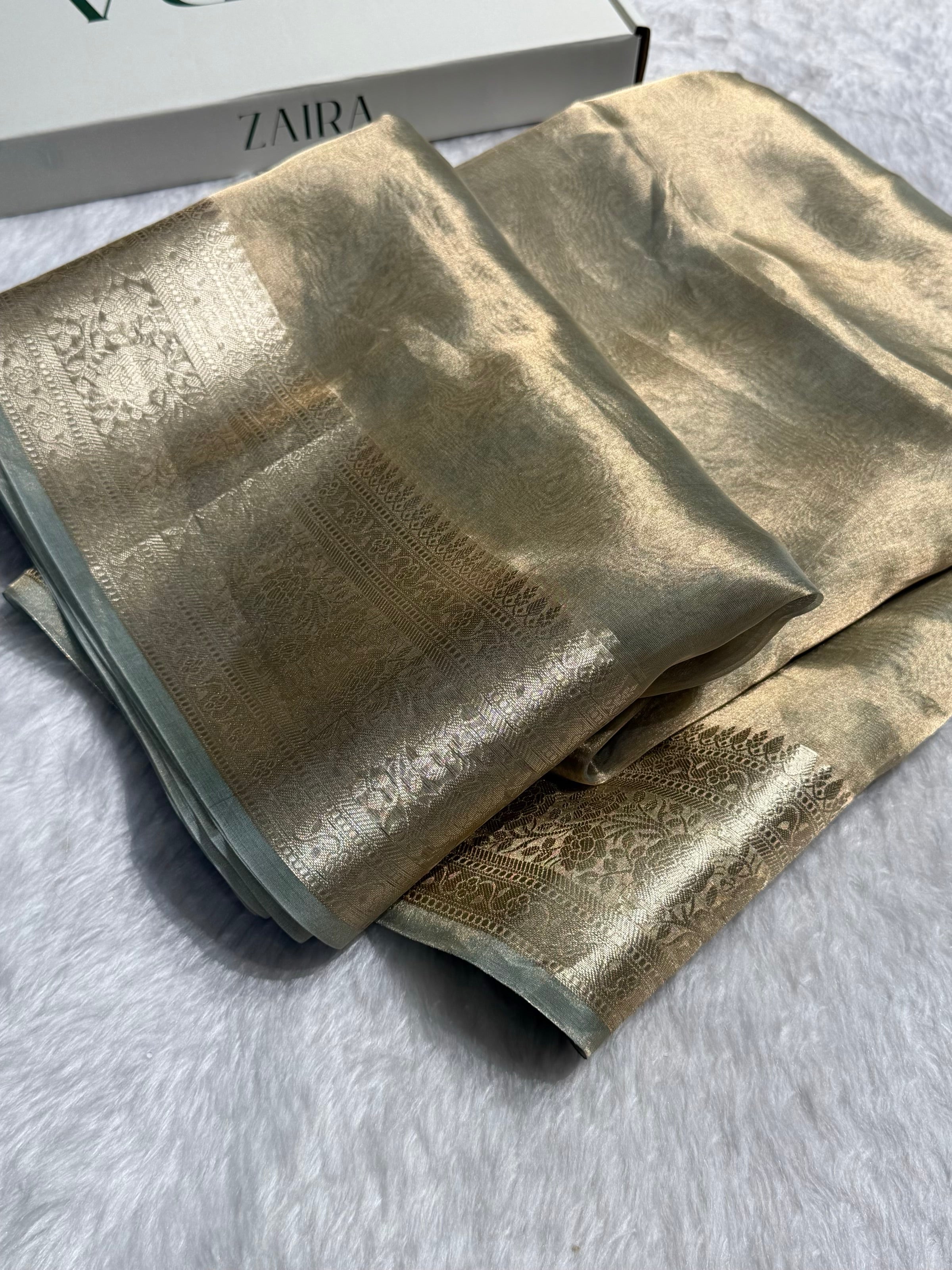 Turquoise Grey Shades Pure Tissue Silk Saree with Brocade Blouse PT-08