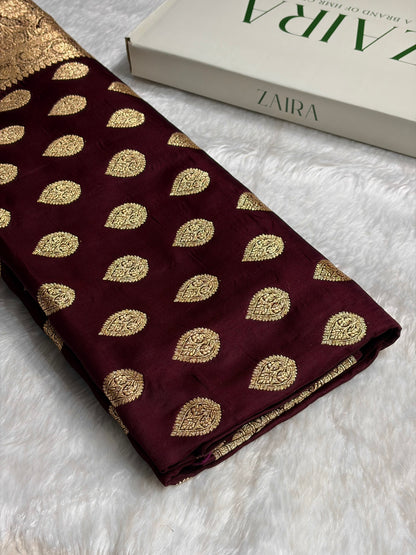 Dark Chocolate Katan Silk Saree In Boota Floral Motif