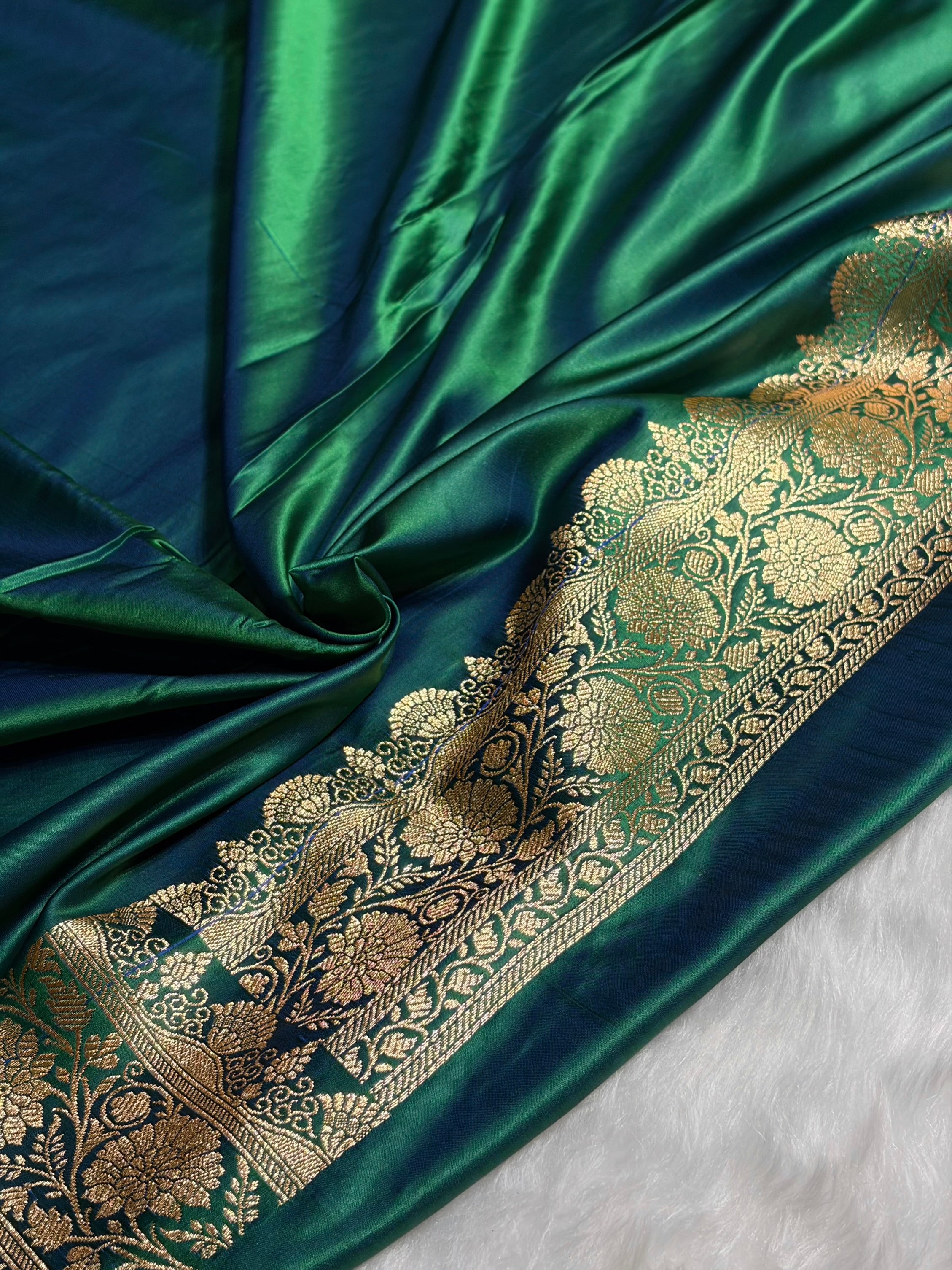 Cross Green Shades Floral Booti Motif Satin Katan Silk saree SK61