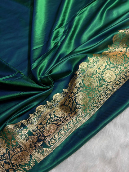 Cross Green Shades Floral Booti Motif Satin Katan Silk saree SK61