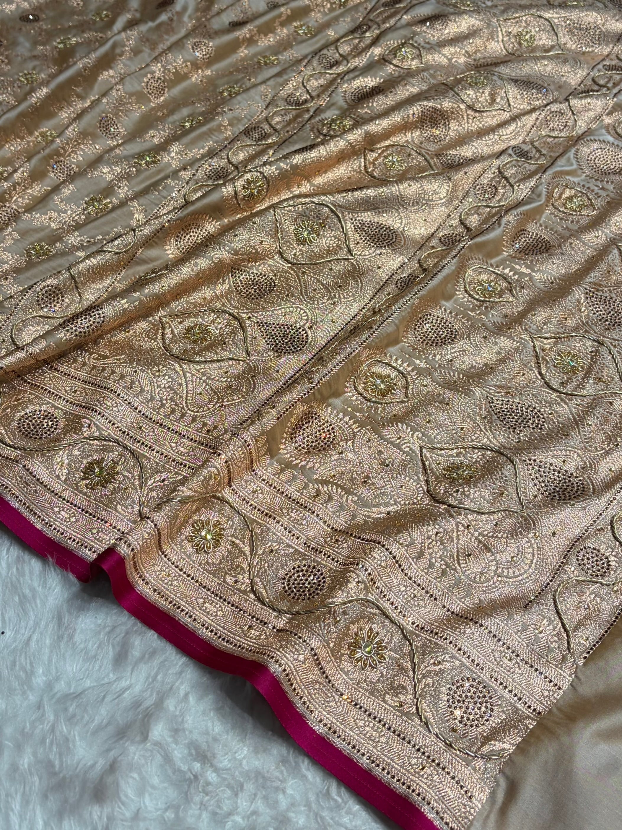 Beige Jaal With Banarasi Swarovski and Zardozi Work Pattern Satin Katan Silk Saree BSK25