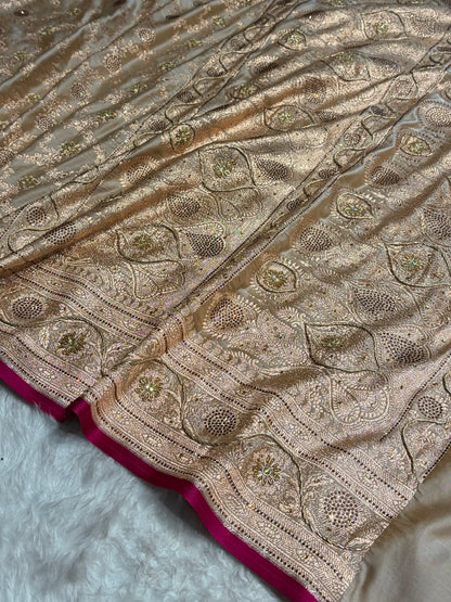 Beige Jaal With Banarasi Swarovski and Zardozi Work Pattern Satin Katan Silk Saree BSK25
