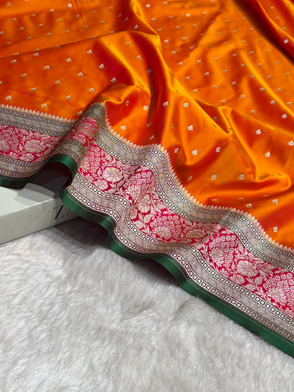 Contrast Cross Orange With Rani Floral Border Mashru Silk Saree MSM-99