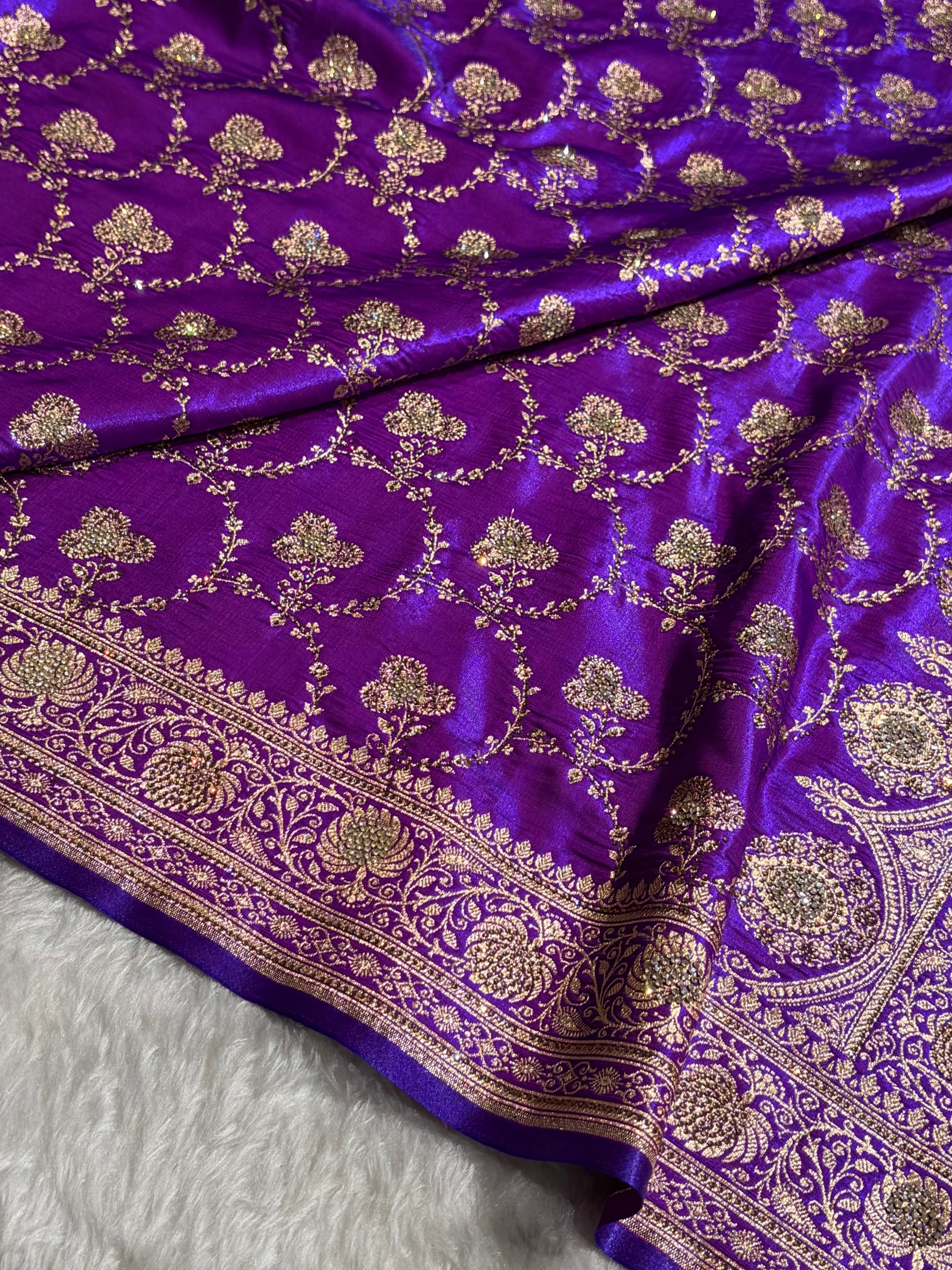 Satin Silk Saree Banarasi Swarovski Work Jaal in Purple Shades BSS23 (R)