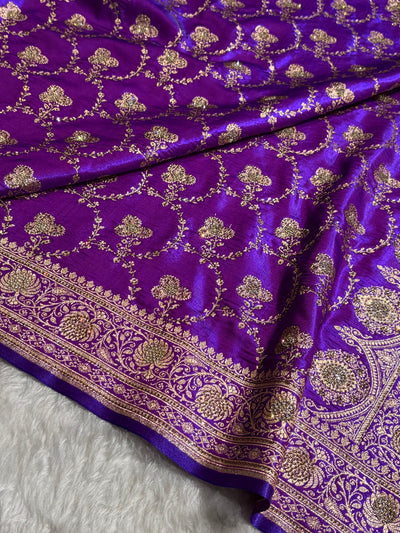 Satin Silk Saree Banarasi Swarovski Work Jaal in Purple Shades BSS23 (R)