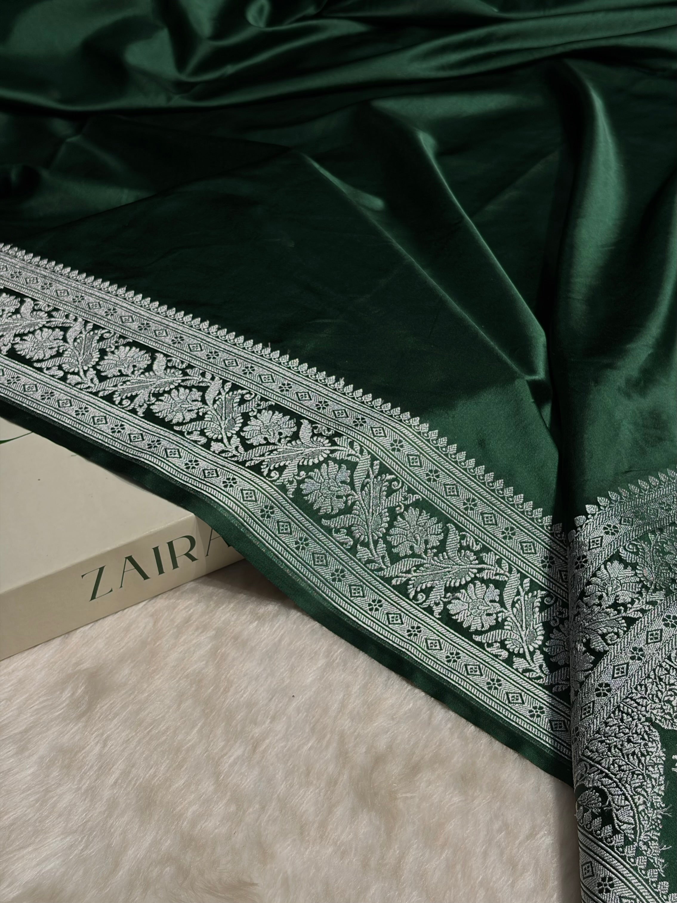 Dark Bottle Green Plain Mashru Silk Saree MS22